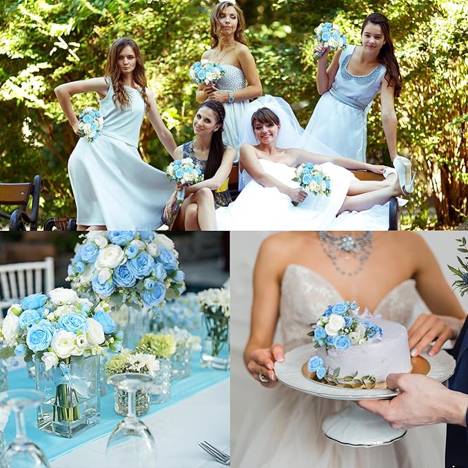 Geosar 8 Bundles Artificial Peonies Flowers Fake Silk Peony Bouquet Faux Peonies Flowers Bulk for Decoration Vase Florals Arrangements Wedding Party Table (Blue,White)