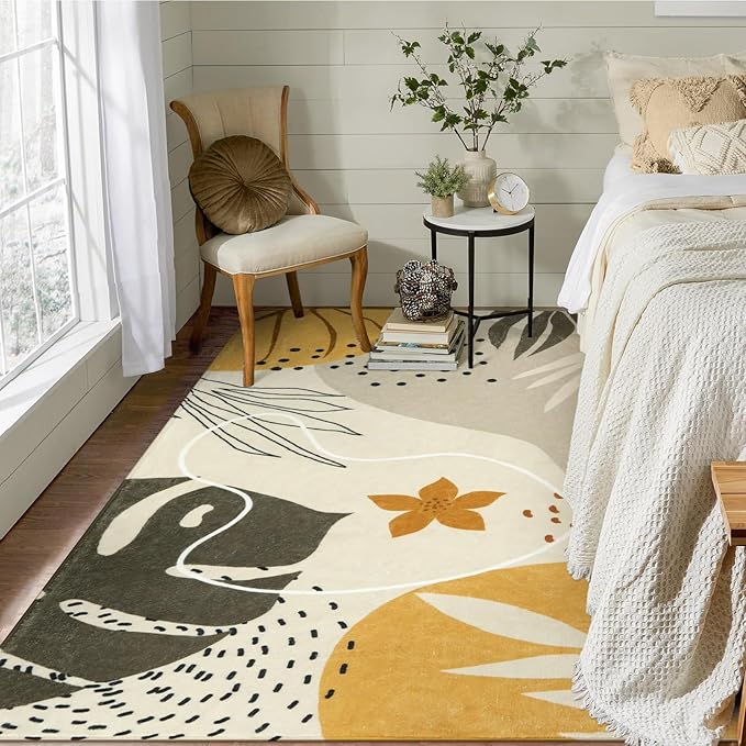 Lahome Boho Living Room Rug - 4x6 Washable Non-Slip Soft Area Rug for Bedroom, Ultra-Thin Throw, Tan Botanical Print Indoor Modern Floral Carpet for Entryway, Office, Kitchen, Nursery