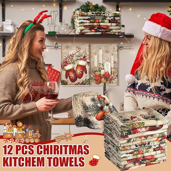 12 Pcs Christmas Kitchen Towels and Dishcloths Absorbent Christmas Tree Reindeer Truck Hand Dish Towels Decoration for Xmas Home Gift Supplies, 14.2 x 21.3 Inch(Retro Style)