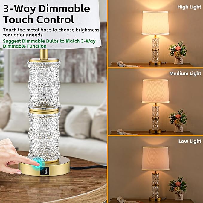 GRUENLICH Crystal Bedside Lamps Set of 2, Gold Bedroom Nightstand Light with Touch Control, 3-Way Dimmable Table Lamps, USB C+A Charging Ports for Living Room and End Tables