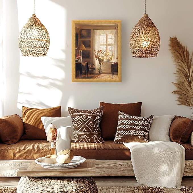 Brivoria Framed Canvas Wall Art Vintage Decor, Scandinavian Interior Artwork with Sunlit Window, Indoor Greenery and Golden Autumn Glow for Living Room Bedroom Fireplace or Gallery Display, 16"x20"