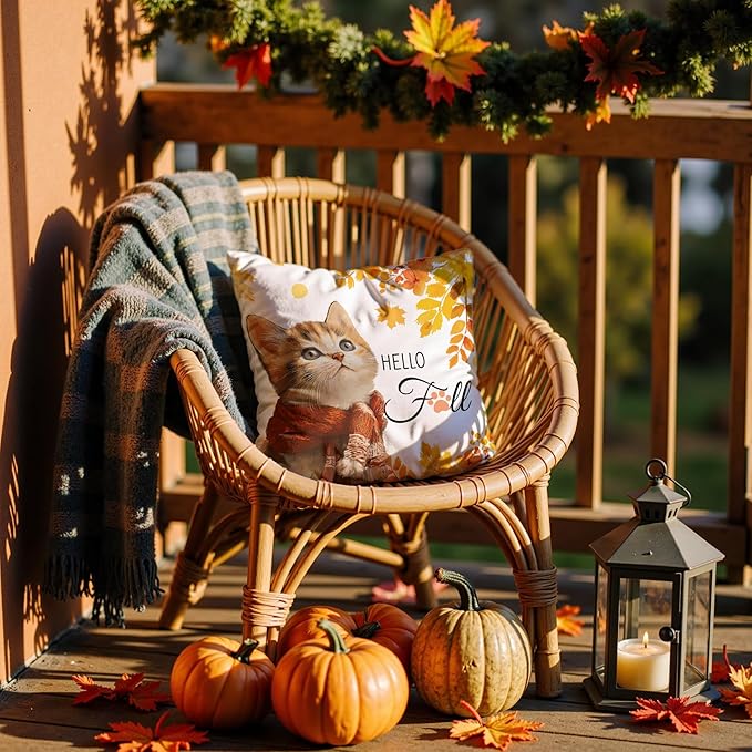 Fall Cat Pillow Covers 18x18, Cat Home Room Decor, Fall Autumn Maple Leaves Cute Kitty Kitten Decorative Throw Pillow Covers for Home Bedroom Living Room