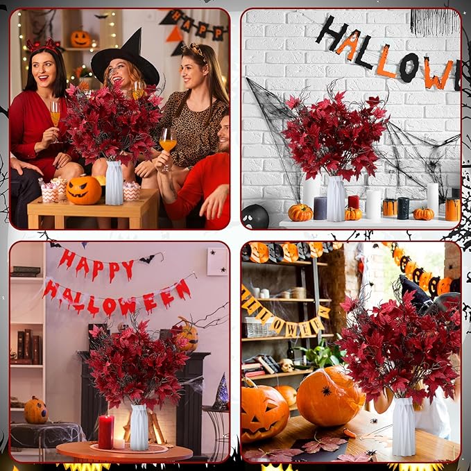 12 Pcs 19.7 Inch Artificial Halloween Flowers Decorations Burgundy Floral Stem Leaves Picks Branches Gothic Halloween Table Decorations for Home Indoor Party Vase Arrangement Decor