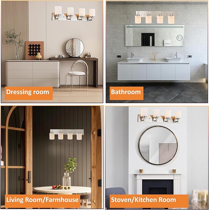 Bathroom Vanity Light Fixture, Brushed Nickel | 32 Inch 4 Lights, White Glass Shade, Vanity Lights for Bathroom, Living Room, Bedroom, Farmhouse