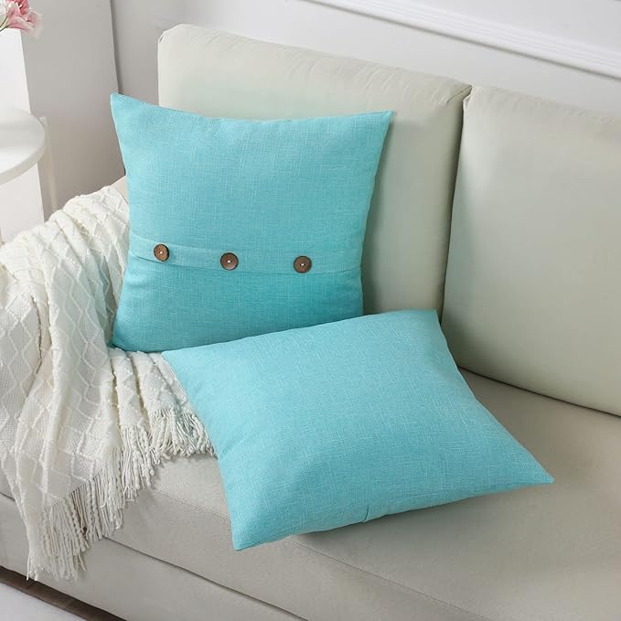 HAUSSY Turquoise Linen Decorative Throw Pillow Covers 24x24 Inch Set of 2, Square Euro Cushion Case with 3 Vintage Buttons,Modern Farmhouse Home Decor for Couch,Bed