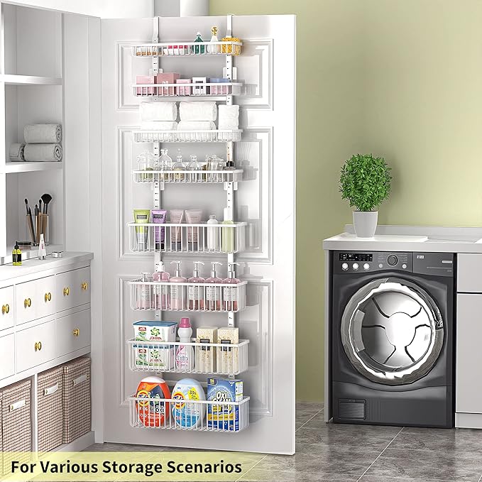 Moforoco White Over The Door Pantry Organizer, Pantry Organization and Storage, Metal Hanging Spice Rack Shelves Door, Seasoning Shelves, Laundry Room Organization, House and Kitchen Essentials