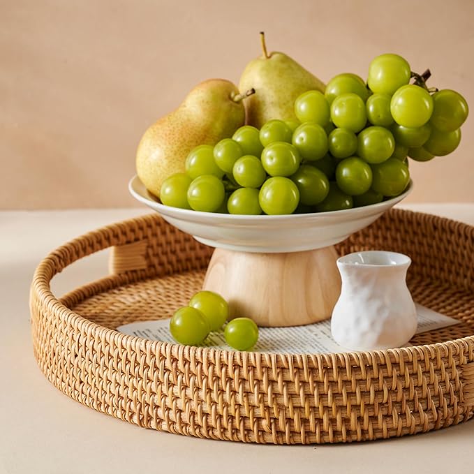 JUNGLE CULTURE Large Rattan Serving Tray 14" in Natural Honey • Round Table Basket • Wicker Ottoman Trays with Handles for Coffee Table, Bed Side or Couch • Flat Circle Woven Tray • Boho Farmhouse