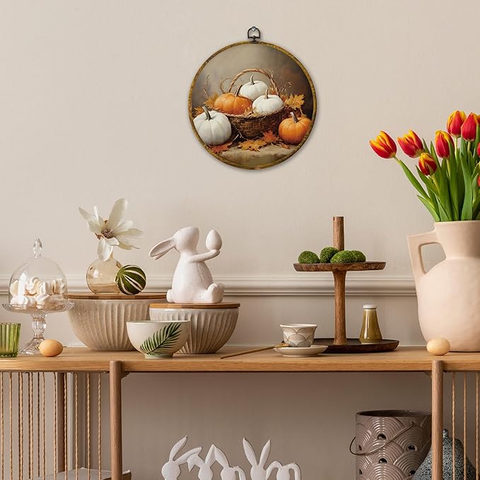 Mcehtle Vintage Fall Pumpkin Maple Leaf Wall Art Decor, Farmhouse Rustic Harvest Autumn Pumpkin Framed Canvas Prints 10x10, Fall Round Wall Hanging Artwork Decorations for Bedroom Living Room