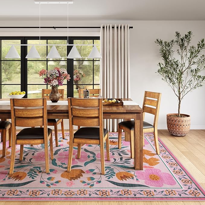 Beeiva Pink Rug 8 x 10 Rug for Living Room, Soft Washable Area Rugs Ultra Thin with Low Plie, Flower Large Non Slip Throw Carpet for Bedroom Nursery Playroom Classroom Décor (Pink,8'x10)