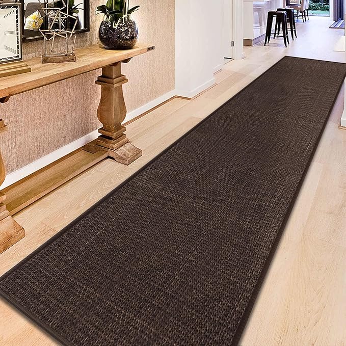 GOYLSER 12ft Jute Laundry Room Rug Non Slip, Rubber Backed Kitchen Rug Floor Runner Rug, Natural Long Carpet Runners for Hallway, Deep Brown