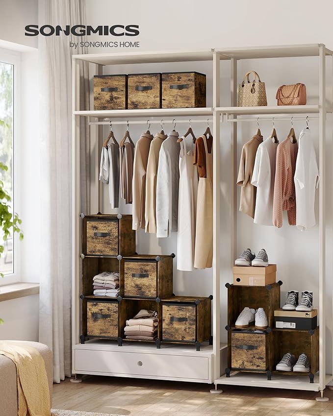 SONGMICS Cube Storage Organizer with Storage Boxes, Set of 9-Cube Organizer, 9 Collapsible Non-Woven Fabric Bins, Customizable, Space-Saving, Bedroom, Rustic Brown ULPC092K01