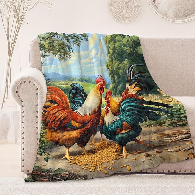 Colorful Rooster Blanket, Cozy Flannel Vibrant Chicken Pecking Corn Throw Blanket, Soft Fuzzy Blankets for Travel Decor, All Season Lightweight Couch Bed Cover, Gifts for Women Kids 60"×80"
