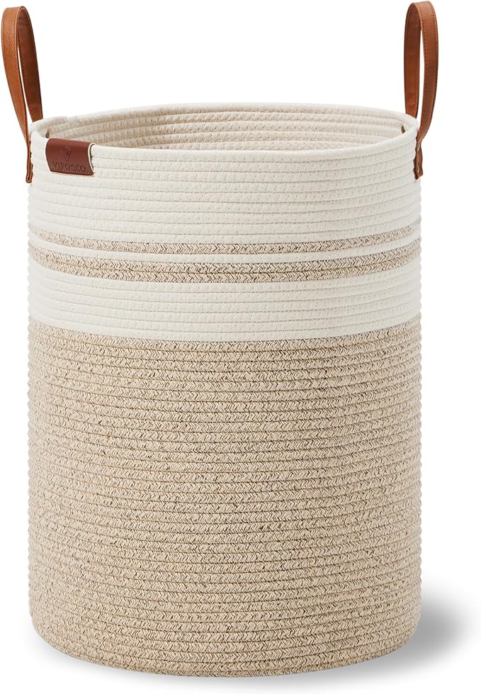 VIPOSCO Tall Laundry Basket, Large Dirty Clothes Hamper with Leather Handle, Woven Rope Storage Basket for Blanket, Toy In Living Room, Bathroom, Bedroom - 100L Brown & White