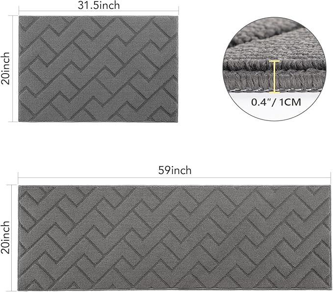 hicorfe Kitchen Rugs and Mats Sets,2 Pieces Super Absorbent Polypropylene Non-Slip Rug,Soft Comfort Floor Mat,Machine Washable for Kitchen,Hallway,Office,Sink,Laundry(20" x 31.5"+20" x 59",Grey)