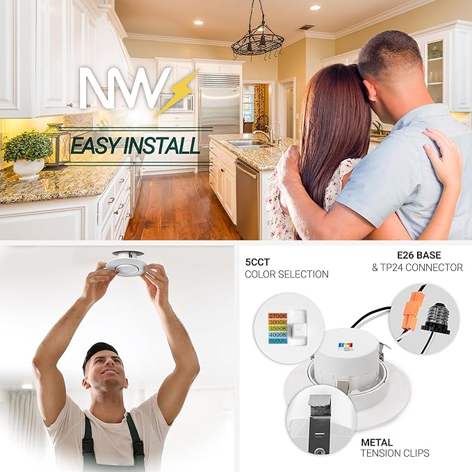 NUWATT 24 Pack Retrofit 4 Inch Gimbal LED Recessed Light White Trim, High Lumen, 750lm, 10W, 5CCT 2700K/3000K/3500K/4000K/5000K Selectable, Dimmable, Adjustable Lens Eyeball Downlight, ETL Listed