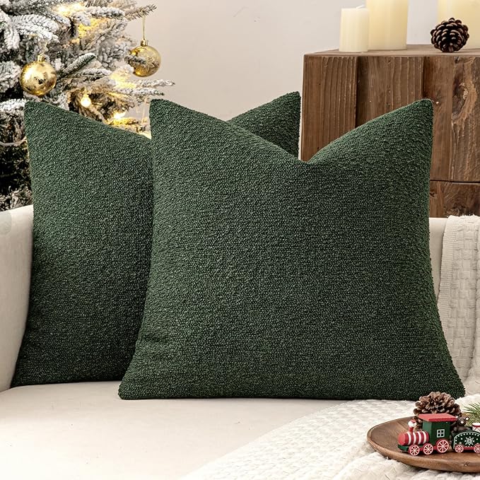 MIULEE 22x22 Inch Decorative Euro Sham Throw Pillows for Bed Set of 2 Textured Boucle Neutral Throw Pillow Covers Dark Green Accent Solid Euro Couch Pillowcase Cozy Soft Sofa Livingroom Home Decor