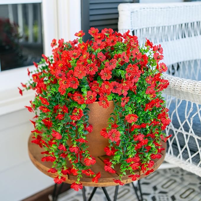 HyeFlora Artificial Hanging Flowers for Outdoors Decoration, 2Pcs Red Fake Spring Summer Decor, Realistic Plants, UV & Fading Resistant Flower for Porch Patio Balcony Planter Yard Home Garland