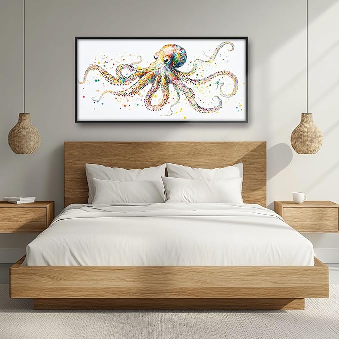 Octopus Large Wall Art for Living Room Framed, Octopus Wall Decor Pictures, Colorful Ocean Animal Canvas Print Painting, Aesthetic Artwork Bedroom Office Home Decor 60"x30"