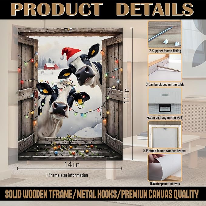 FITIE Funny Christmas Cow Canvas Wall Art Poster, Farmhouse Christmas Decor, Rustic Country Holiday Winter Farm Animal Framed Artwork Prints Wall Decor for Home Bedroom Living Room, 11x14 Inch