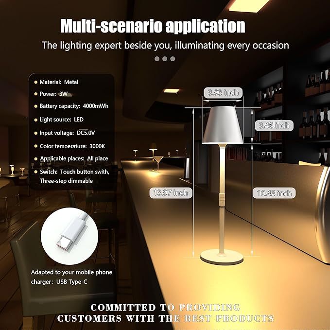 2 Pack LED CordlessTable Lamp,4000mAh Rechargeable Battery Desk lamp,3 Level Brightness Portable Light, Minimalist Design, for Couple Dinner/Coffee Table/Restaurant/Bedroom(White 2pack)