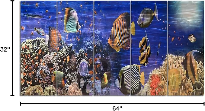 Yihui Arts Cosatal Metal Wall Art, Large Nautical Metal Wall Art in Modern Ocean Design, 3D Outdoor Pictures Wall Decor, 5 Panels, Metal School of Fish Art