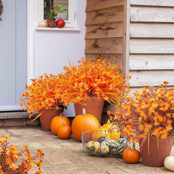 12 Bundles Artificial Fall Flowers for Outdoors Fake Plants UV Resistant Plastic Plants Shrubs Bushes for Home Fall Front Door Porch Garden Autumn Decor (Fall Orange)