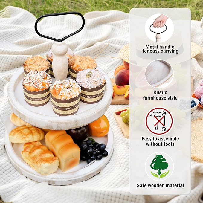 Mustry Rustic Wooden 2 Tiered Tray, Round Farmhouse Kitchen Table Decor Serving Tier Tray, Food Fruits Cupcake Display Coffee Bar Home Party Seasonal Decorations (White)