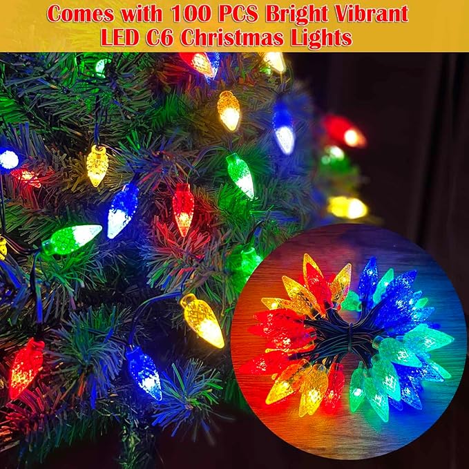 Upgraded Set of 2 Solar Christmas Tree, Outdoor Christmas Decorations,Prelit Xmas Tree w/ 100 LED Multi-color C6 String Lights for Outsdie Holiday Display Yard Front Porch Pathway Grave Cemetery Decor
