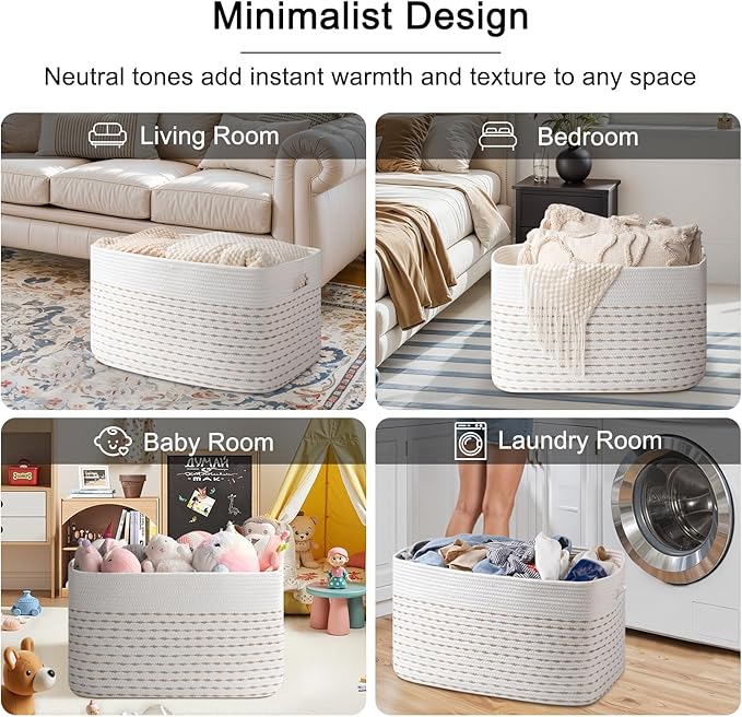 OIAHOMY 75L Blanket Basket, Woven Cotton Rope Basket for Organizing 22”x17”x12”, Used for Living Room, Bedroom, Nursery, Light Yellow & White