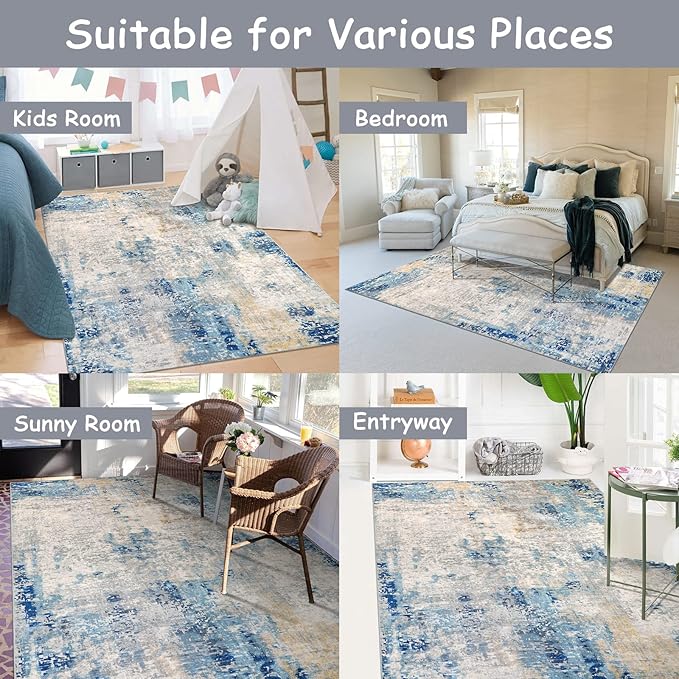 Lahome Modern Abstract Washable Area Rugs 5x7, Soft Living Room Rug Non Slip Stain Resistance, Faux Wool Floor Carpet for Bedroom Dining Room Nursery Kids Playroom,Blue/Grey