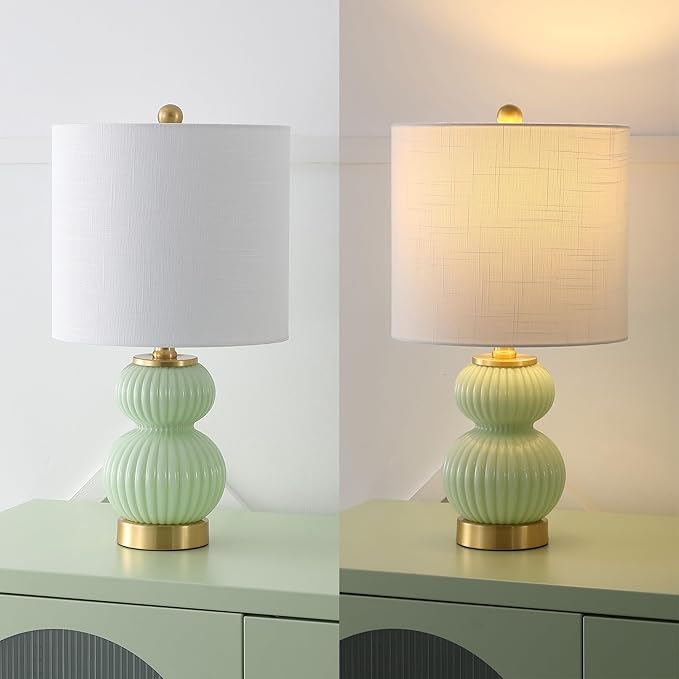 JONATHAN Y JYL1099F Daphne 20" Contemporary Transitional Metal/Glass Ribbed Gourd LED Table Lamp Bedroom, Living Room, Office, Dining Room, Mint Green/Brass Gold