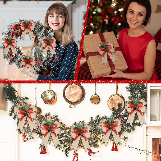 Syhood 6 Pcs Christmas Bows with Pine Cones Pine Needles Xmas Flaxen Bows Ribbon Christmas Tree Wreath Decoration for Xmas Parties Indoor Outdoor Crafts DIY Decor