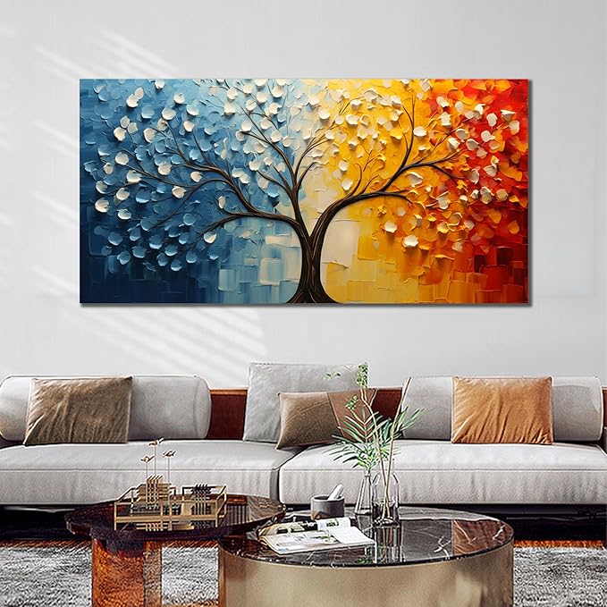 Colorful Tree of Life Wall Art for Living Room Blue and Orange Tree Picture Large Artwork Office Bedroom Canvas Prints Size 29x58