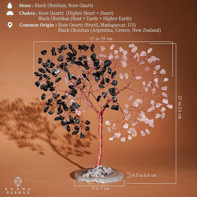 Crystal Tree for Home and Office Decoration, Black Obsidian & Rose Quartz Healing Stones Handmade Tree of Life for Positive Energy, Money, Good Luck, Christmas Decor, Birthday Gifts for Women, Mom
