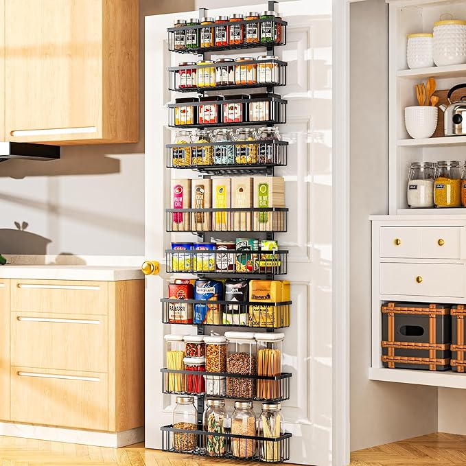 Moforoco 9-Tier Over The Door Pantry Organizer, Pantry Organization and Storage, Black Hanging Basket Wall Spice Rack Seasoning Shelves, Home & Kitchen Bedroom Bathroom House Essentials