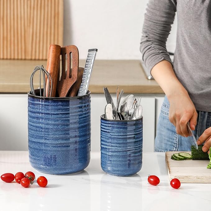 Hasense Ceramic Utensil Holder for Kitchen Counter, 7.4"+5.5" Caddy Set of 2, Large Cooking Holder for Countertop, Crock for Farmhouse Decor, Blue
