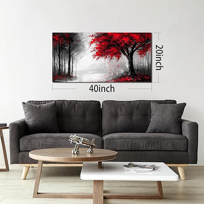 Large Canvas Wall Art for Living Room Black White and Red Tree of Life Print Pictures Painting Framed Wall Decor for Bedroom Modern Home Forest Scenery Wall Decorations Artwork Size 20x40 Ready to Hang