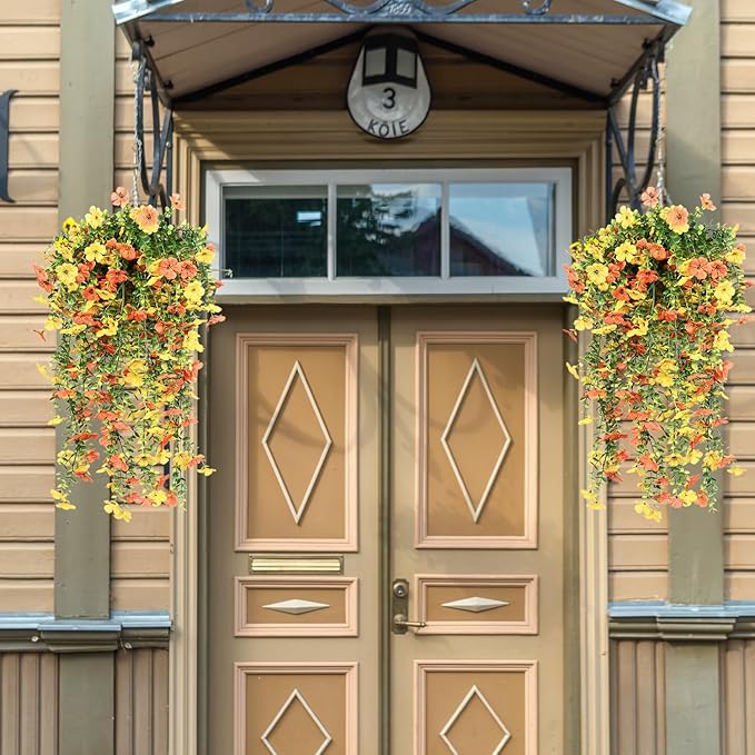 4 Pcs Artificial Hanging Flowers for Outdoor Decor, Fake Hanging Plants UV Resistant Realistic Yellow Orange Fake Hanging Flowers for Outside Garden Porch Spring Summer Decor