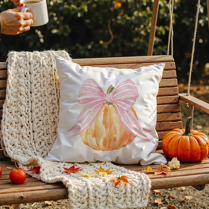 Coquette Pink Bow Pumpkin Fall Pillow Covers 18x18, Preppy Fall Decor, Pink Girly Pumpkin Autumn Decorative Throw Pillow Covers for Girls Room Home Dorm Bedroom Living Room