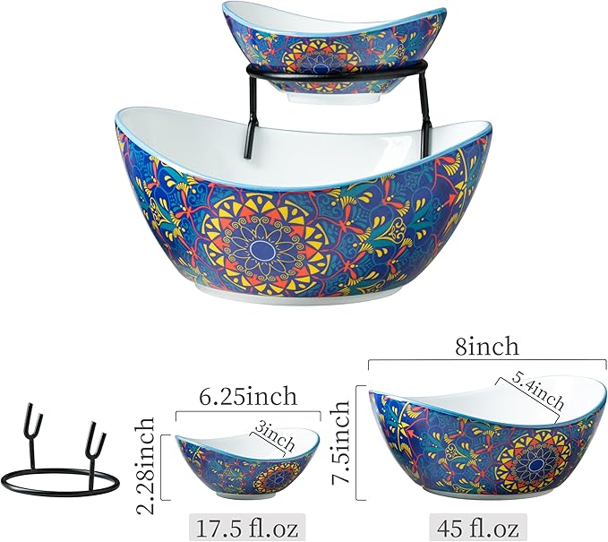 YHOSSEUN Chip and Dip Serving Set, Ceramic Chip Dip Bowls for Parties, 2 Tier Serving Stand Appetizer Serving Dishes for Entertaining Food Display Set