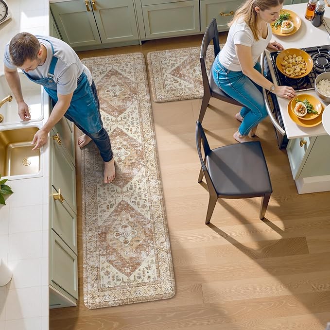 KIMODE Anti Fatigue Kitchen Mats for Floor, Farmhouse Kitchen Rugs Sets of 2, Cushioned Kitchen Floor Mats, Comfort Standing Mats for Sink Laundry Office Desk Khaki 20"x71"+20"x32"
