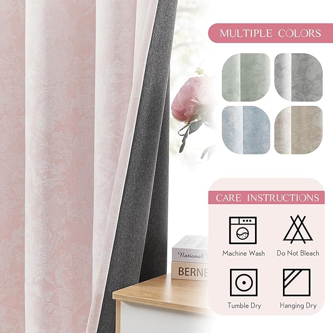 Beauoop Pink Floral Jacquard Blackout Curtains 90 Inches Long 2 Panels for Bedroom Living Room Chenille Flower Room Darkening Thermal Insulated Soundproof Grommet Window Treatments Drapes, 52x90