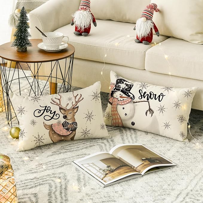 AVOIN colorlife Pink Christmas Snowman Reindeer Gloves Eucalyptus Throw Pillow Covers, 12 x 20 Inch Winter Holiday Stripes Cushion Case Decoration for Sofa Couch Set of 4