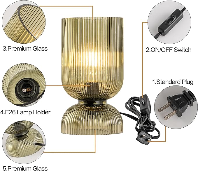 Modern Table Lamp,Glass Mid Century Lamp with Green Glass Shade, Bedside Lamp with On/Off Switch, Minimalist Nightstand Lamp for Bedroom, Living Room, Office (Bulb not Included)