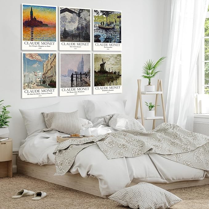 COSCTOR Set of 6 Claude Monet Wall Art Decor Canvas Vintage Famous Artist Retro Landscape Colorful Posters and Prints for Living Room Bathroom Bedroom Hallway Kitchen (Framed, 9x12)