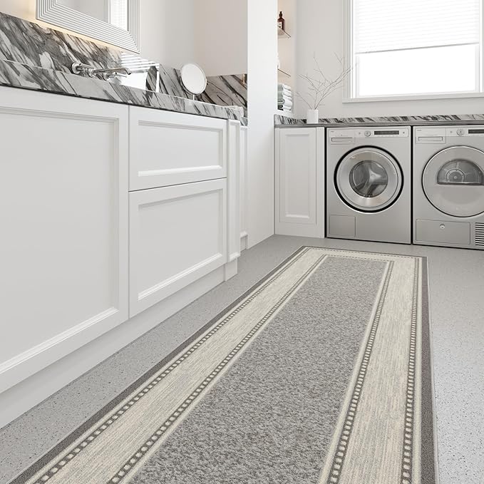 Ottomanson Hallway Runner Rug 2'7" x 9'10" Non Slip Border Area Rugs Easy to Clean Laundry Rug Runner Durable & Pet Friendly Floor Carpet Runners for Hallways Entryway Living Room Kitchen, Light Gray