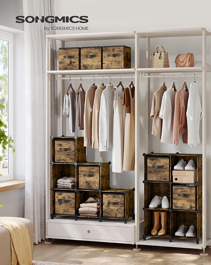 SONGMICS Cube Storage Organizer with Storage Boxes, Set of 12-Cube Organizer, 12 Collapsible Non-Woven Fabric Bins, Customizable, Space-Saving, Bedroom, Rustic Brown ULPC122K01