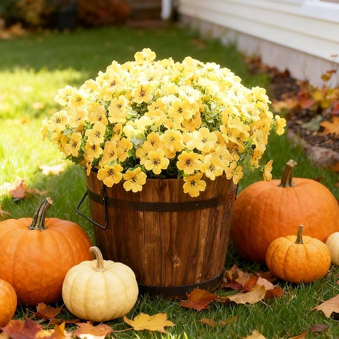 Artificial Faux Plants Flowers Outdoor Fall Seasonal Decoration, 12 Bundles Artificial Flowers Outdoor UV Resistant Fake Plastic Flowers Faux Plants for Planter Porch Patio Christmas Decor