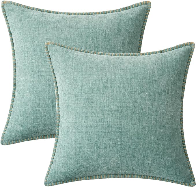 MIULEE Pack of 2 Couch Throw Pillow Covers 18x18 Inch Aqua Green Farmhouse Decorative Pillow Covers with Stitched Edge Soft Chenille Solid Dyed Spring Pillow Covers for Sofa Bed Living Room