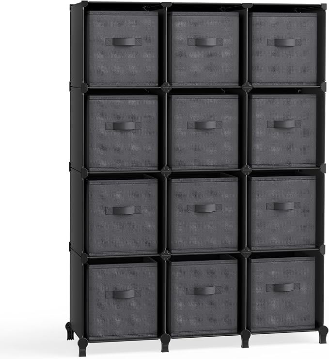 SONGMICS Cube Storage Organizer with Storage Boxes, Set of 12-Cube Organizer, 12 Collapsible Non-Woven Fabric Bins, Customizable, Space-Saving, Bedroom, Ink Black and Dove Gray ULPC122B01